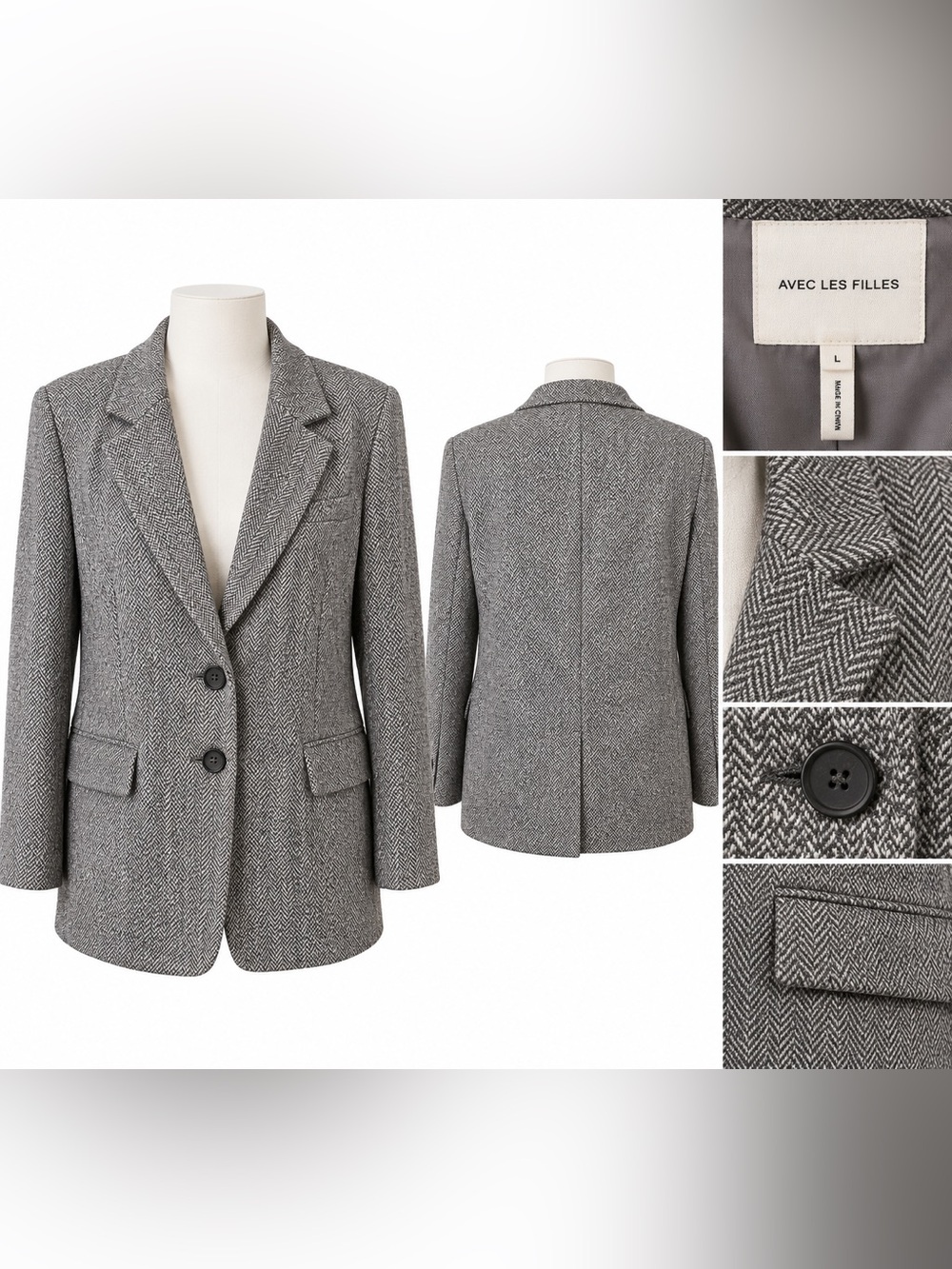 Avec Les Filles Gray Herringbone Blazer Size L Oversized Two Button